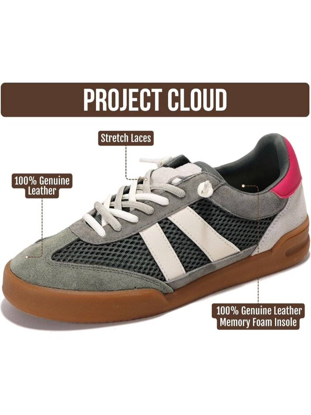 Project Cloud Women Olive Suede Genuine Leather Memory Foam Insole Sneaker Shoes - Picture 3 of 6